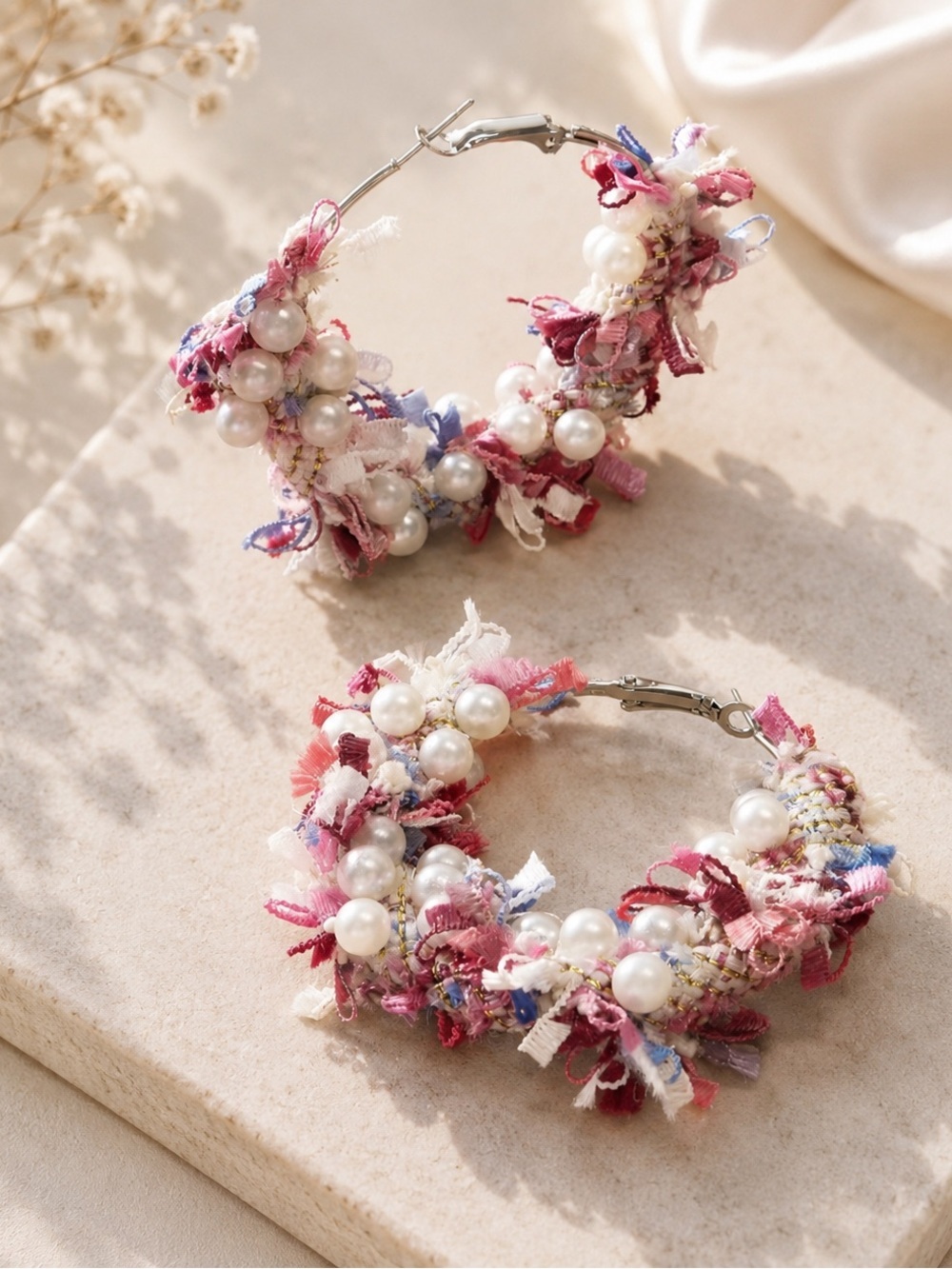 Boho Pearl Tweed Hoop Earrings Pink Statement Coquette Jewelry